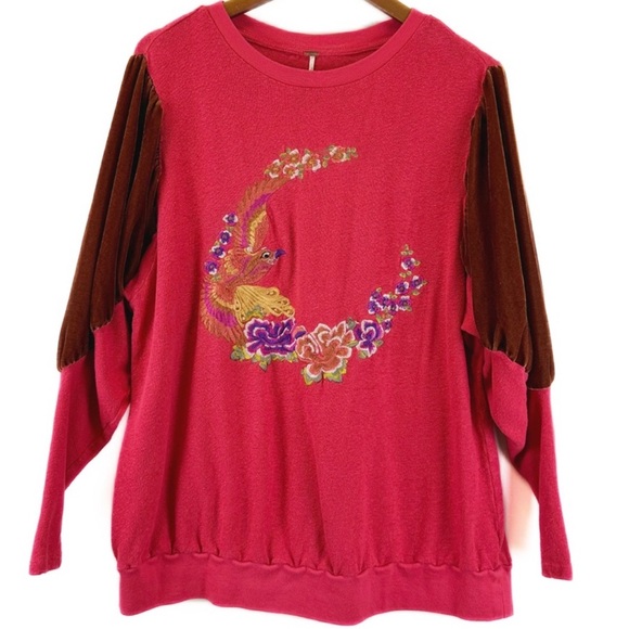 FREE PEOPLE Night Bird Velvet Embroidered Mini Dress/Tunic Pullover in Red — S - Picture 2 of 6